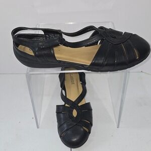 Classique Womens Black Strappy Caged Sandals Size 11M Low Wedge Comfort Shoes